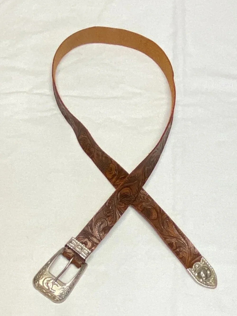 C&ck Tooled Leather Ornate Silver Tone Buckle Narrow Belt Brown Cowgirl Western